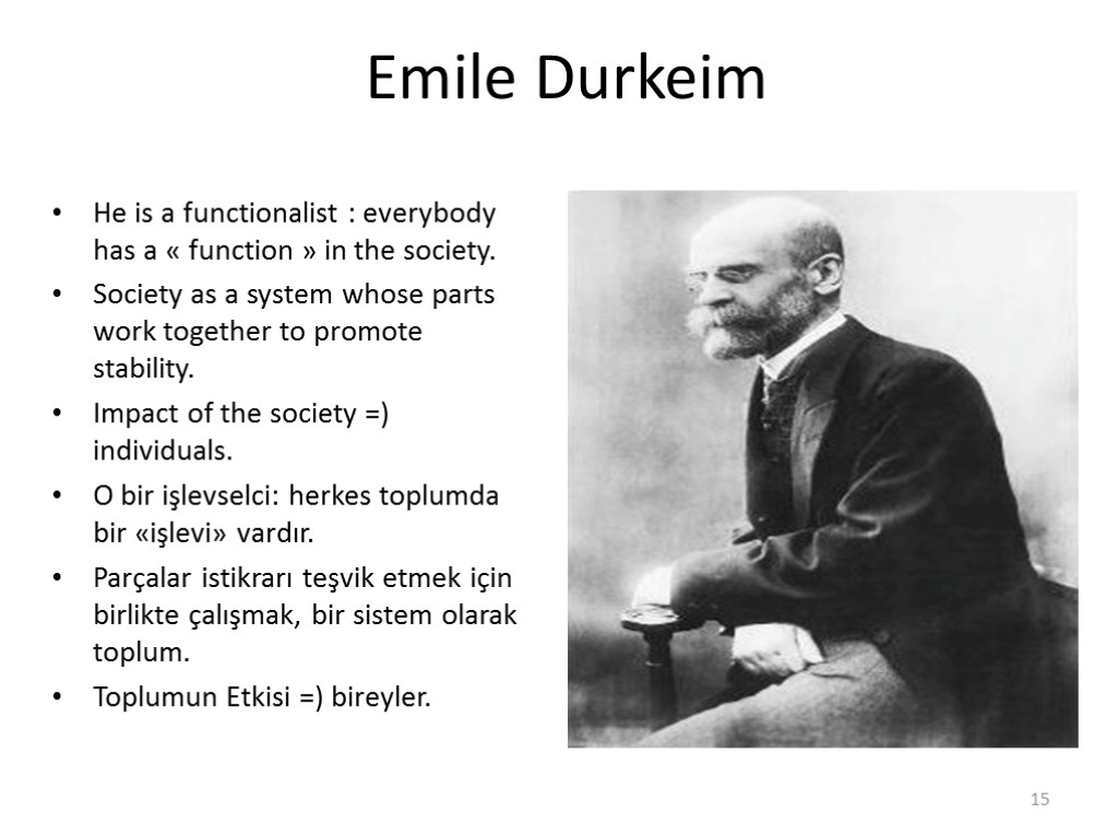 Emile Durkeim He is a functionalist : everybody has a « function » in